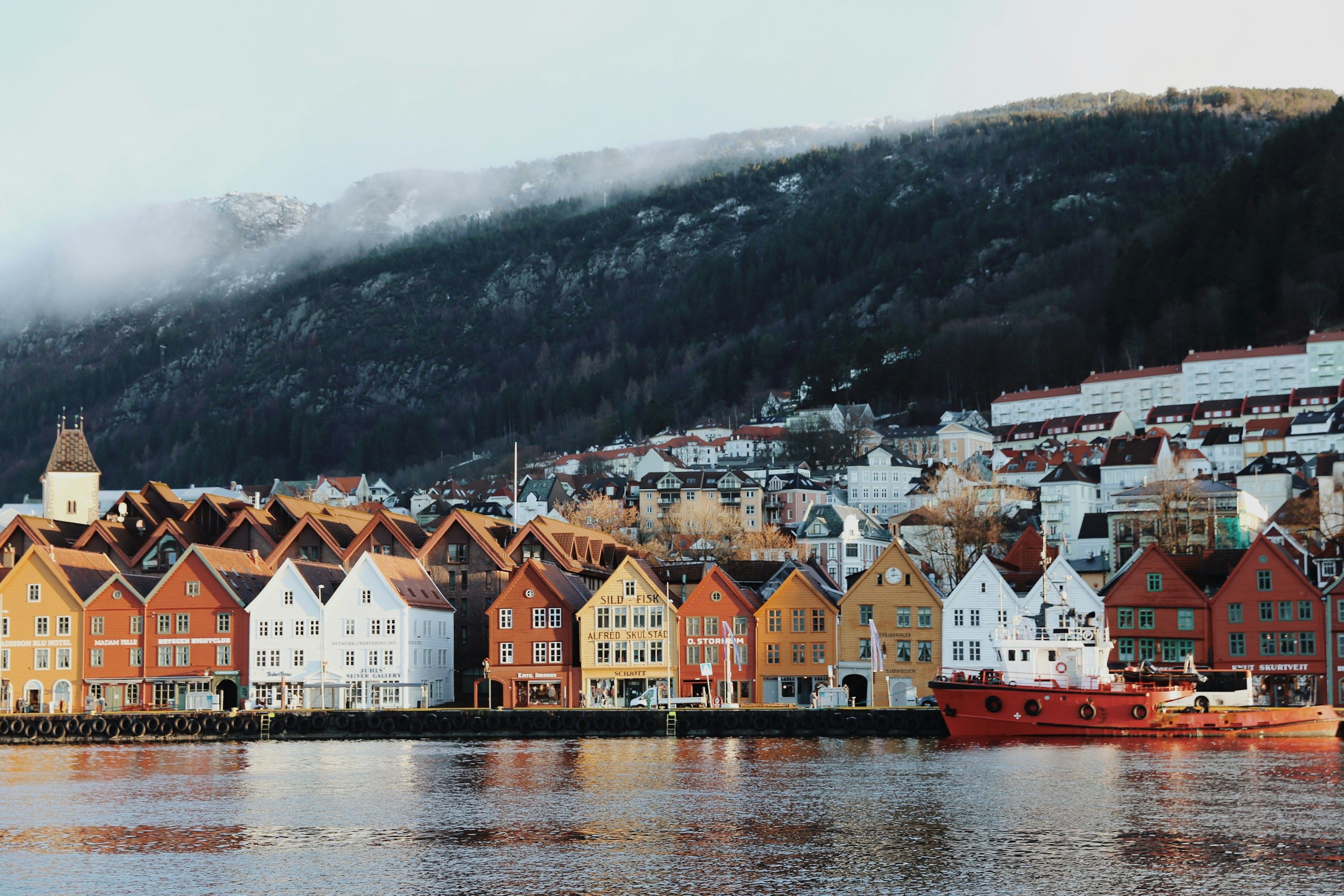 Bryggen i Bergen, de historiske trehusene langs havnen med Fløyen bak