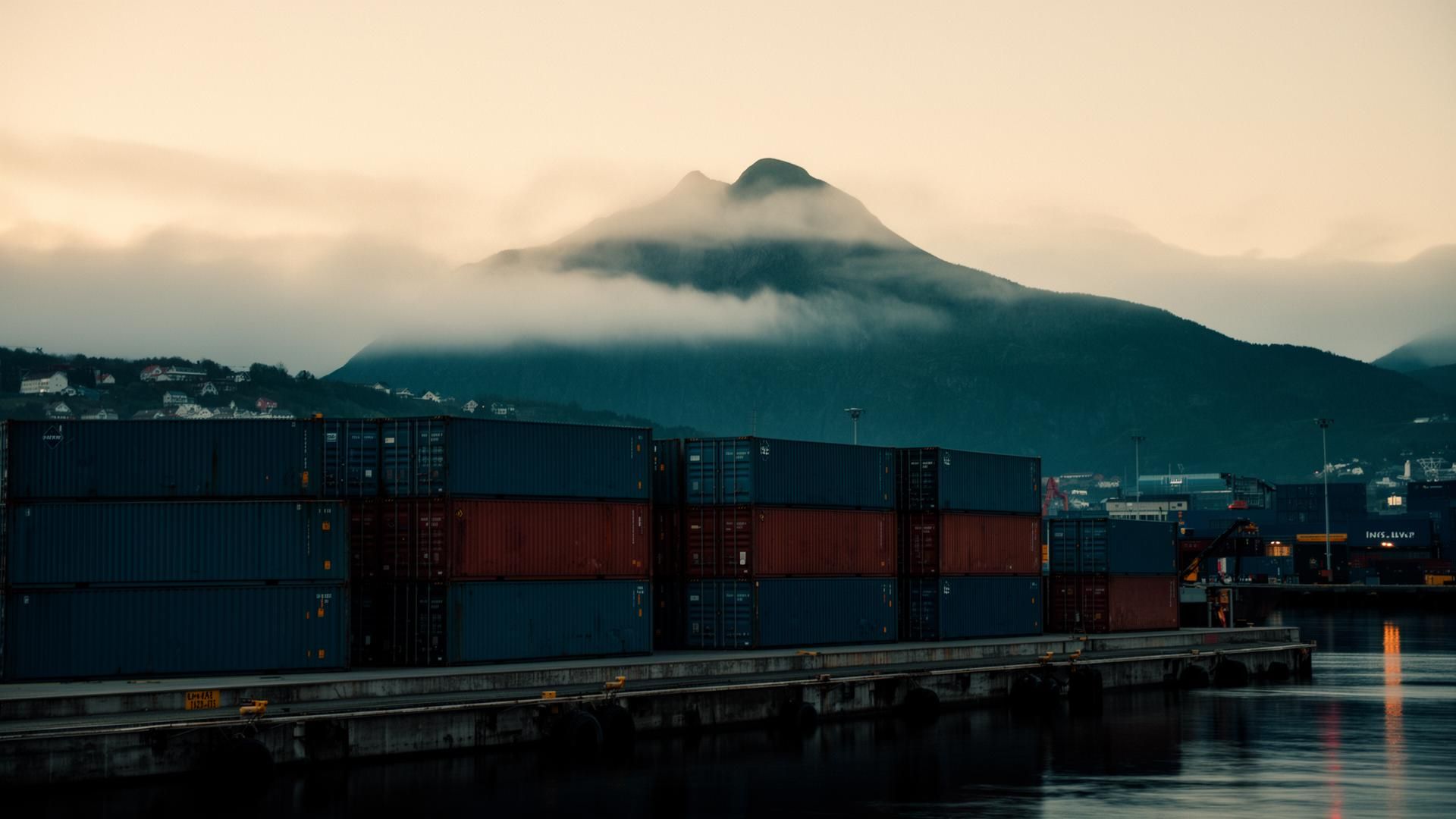 Bergen havn ved blå time, containere og fjord